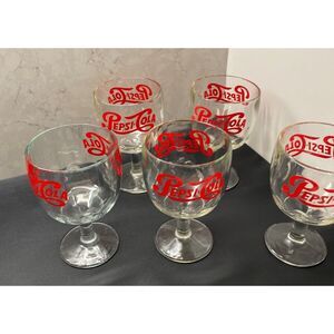 Vintage Pepsi Clear‎ Red Thumbprint Goblet Drinking Glass Set of 5 Decor